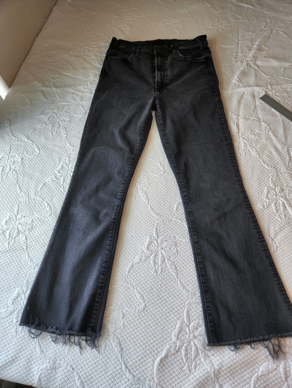 MOTHER Washed Black Straight-Leg Jeans with Frayed Hem